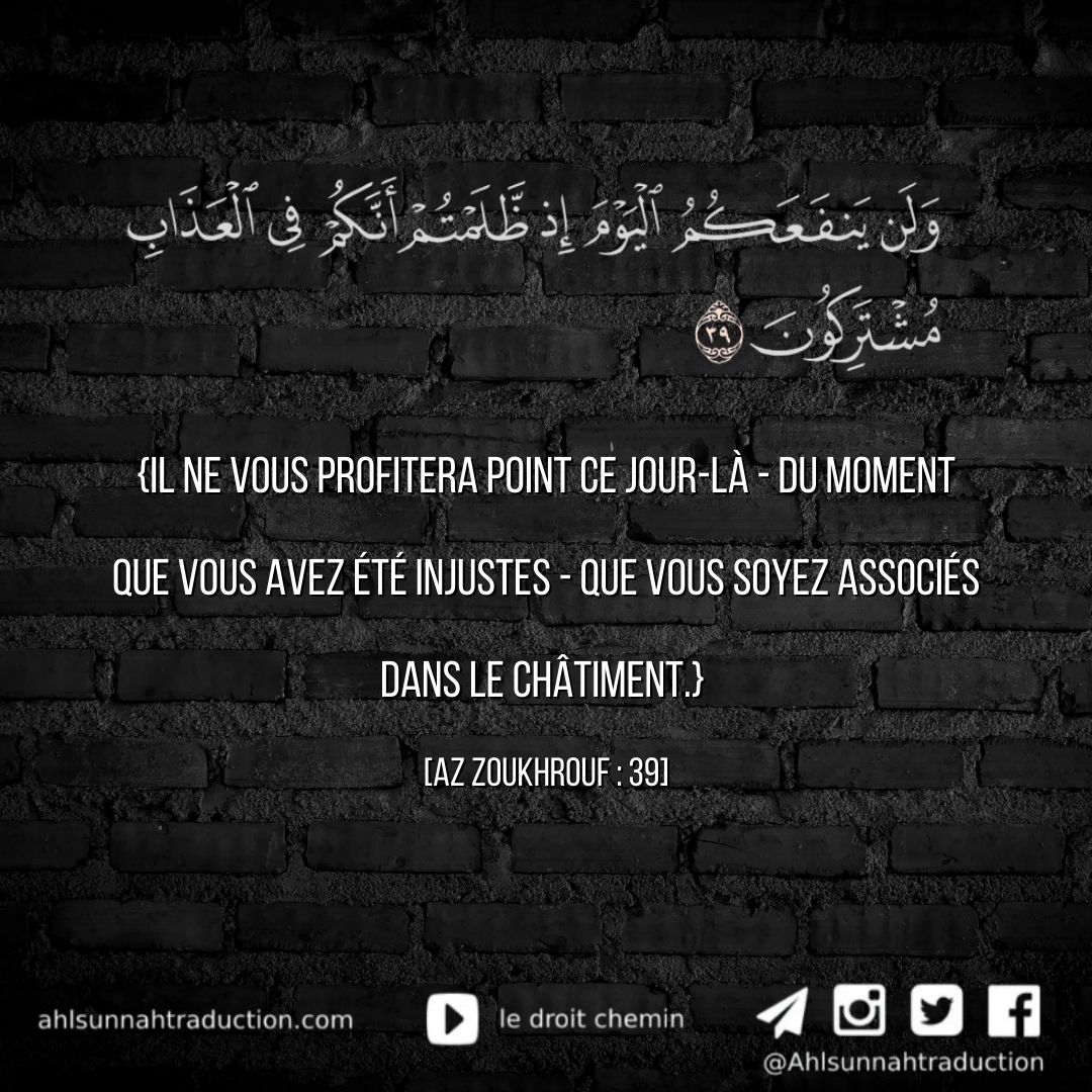 {Il ne vous profitera point ce jour-là – du moment que vous avez été injustes – que vous soyez associés dans le châtiment.} [Az Zoukhrouf : 39]